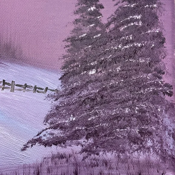 Cabin in the Woods Snowy Scene Purple Sky Oil Painting 8x10 - Picture 4 of 10